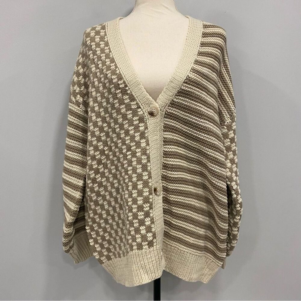 Pink Lily S Beige Checkered Patchwork Oversized Grandpa Cabin Cardigan Sweater
